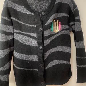 Paul Tazewell Wicked Zebra Striped Graphic Cardigan Sz Small Black & Gray Cozy